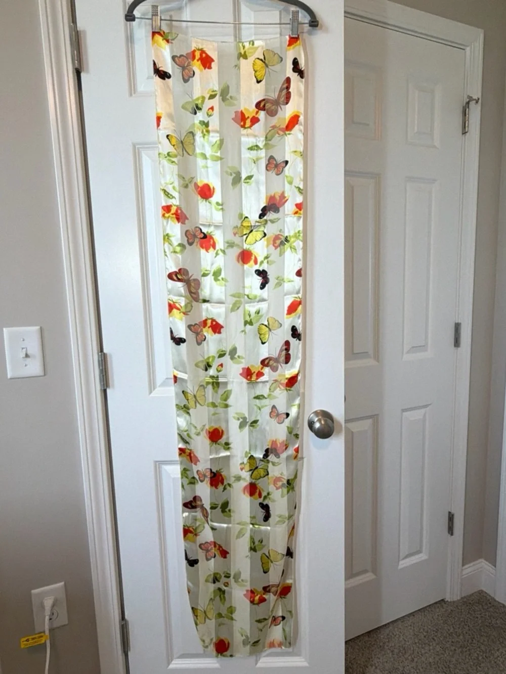 White Floral & Butterfly Satin-Feel Scarf in Red and Yellow